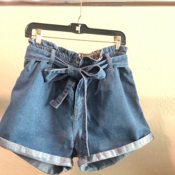 High Waisted Paper Bag Belted Jean Shorts - Picture 1 of 2